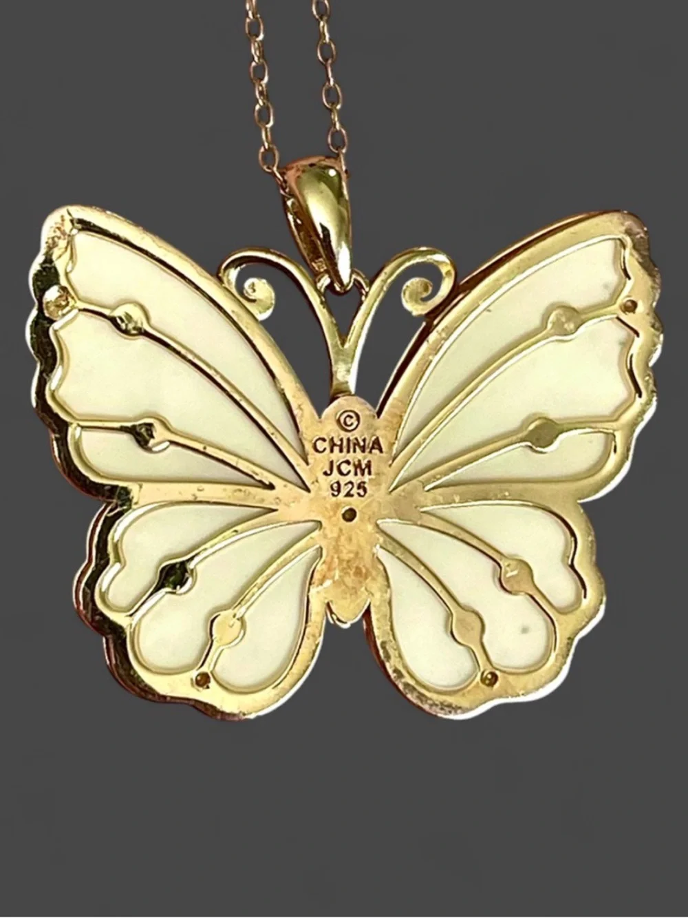 Jacmel Mauritius JCM Butterfly Necklace 925 Sterling Silver CZ Gold Overlay Pavé - Picture 2 of 9